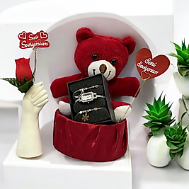 SEVGİLİLER GÜNÜ AYICIKLI EKONOMİK  TAKI SETLİ HEDİYE SEPETİ